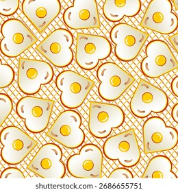 Fried egg pattern. Seamless pattern of fried eggs background. Hand-drawn of fried egg cartoon. Fried egg in love style. Isolated on waffle background.