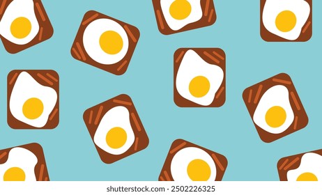 Fried egg pattern, sticker outlines, blue background. Abstract food background