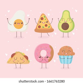 fried egg pizza avocado donut cupcake taco kawaii food cartoon character design vector illustration