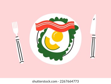 Fried egg. Plate, fork and knife. Breakfast serving. Vector illustration