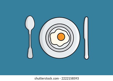 Fried Egg in Plate with Spoon and Knife vector illustration. Breakfast food icon concept. Plate, Spoon and Knife up view on blue background vector design.