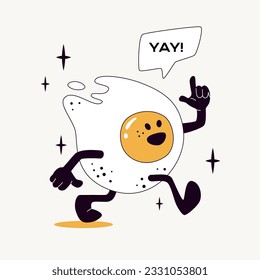 Fried egg retro character with pointing finger. Cartoon or comic vector illustration isolated on white background. Modern vintage mascot.