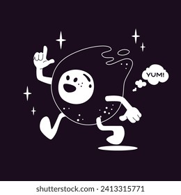Fried Egg retro character with pointing finger. Cartoon or comic vector illustration isolated on black background. Modern vintage mascot. Editable stroke.