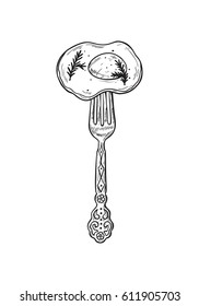 Fried Egg with rosemary on a fork. English breakfast. Hand drawn Sketch Food. Vector Illustration 