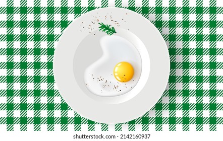 Fried egg with rosemary and pepper on white plate. Breakfast table, top view