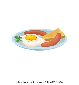 Fried egg with sausage and bread, fresh nutritious breakfast food, design element for menu, cafe, restaurant vector Illustration on a white background