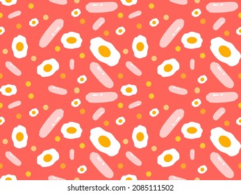fried egg and sausage cartoon characters seamless pattern on red background