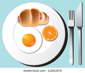 Fried egg, sausage in the dough and orange slice vector