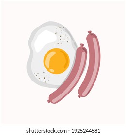 Fried egg and sausage on a plate. Vector illustration of breakfast.