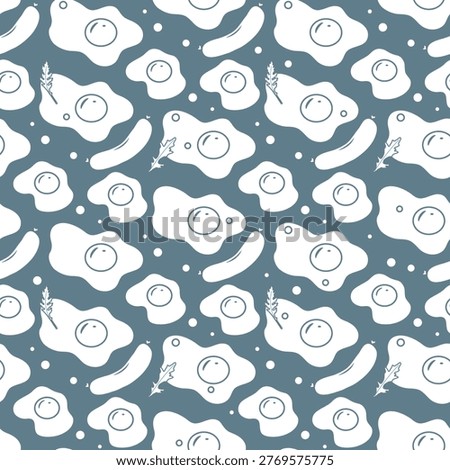 Fried egg and sausage pattern on dark blue background. Seamless, repetitive design for breakfast theme