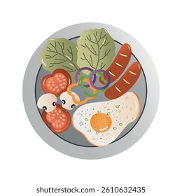 fried egg with sausage and salad, breakfast. Flat design