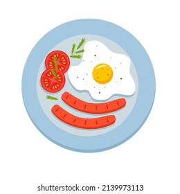 Fried egg, sausage and tomatoes on a plate. Breakfast concept, flat lay. Vector illustration of cooked food