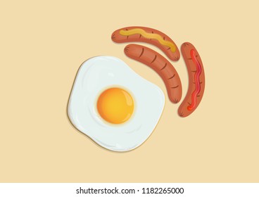 fried egg and sausages breakfast vector top view.