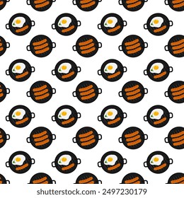 Fried egg and sausages in grill pan Seamless pattern. World Food Day background design concept 