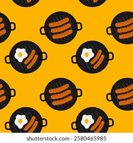 Fried egg and Sausages on grill cast iron skillet Seamless Pattern on bright background. Food fond