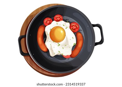 Eierwürste und Tomaten auf Skillet-Draufsicht im Cartoon-Stil einzeln auf weißem Hintergrund. Frühstück auf Holzbrett