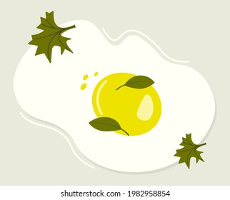 Fried egg. Scrambled eggs with parsley. The keto diet. Healthy food, natural product. Cooked omelet. We prepare lunch, dinner, breakfast. Light-grey background. EPS10. Vector illustration. Flat disign