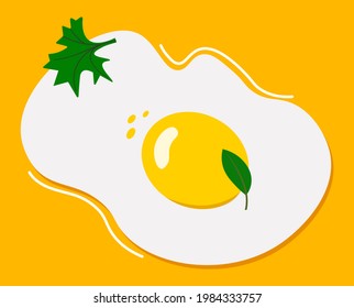 Fried egg. Scrambled eggs with parsley. The keto diet. Healthy food, natural product. Cooked omelet. October 8 is world egg day. Light gray background. EPS10. Vector illustration. Flat design