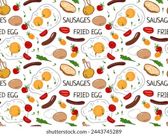 fried egg seamless pattern, sausage, tomato, oil, egg, toast. breakfast doodle cartoon style for greeting card, poster, sticker, textile print, menu, cookbook design, package, cover, wrapping paper