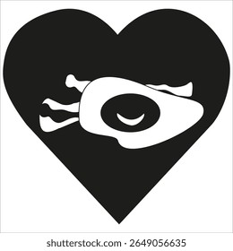 Fried egg shape. Bacon breakfast symbol. Heart food image. Vector black form.