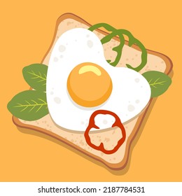 Fried egg in the shape of a heart on toast with herbs and paprika slices. Vector illustration.