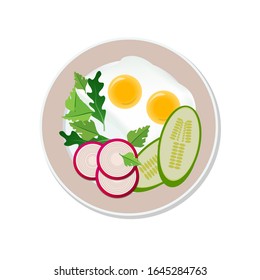 Fried egg, sliced cucumbers and radishes on a plate, isolated on a white background. Food ads are used for menus, the Internet, advertising. Healthy diet. Vector