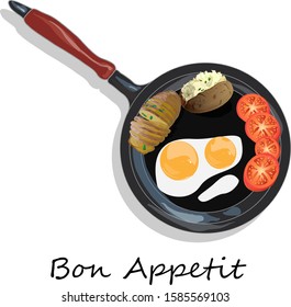 Fried egg, sliced tomato and baked potato. Vector illustration of food on cast iron pan and white background...