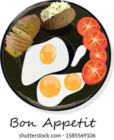 Fried Egg, Sliced Tomato And Baked Potato. Vector Illustration Of Food On Cast Iron Pan And White Background...