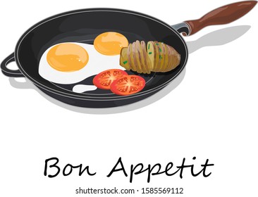 Fried egg, sliced tomato and baked potato. Vector illustration of food on cast iron pan and white background...