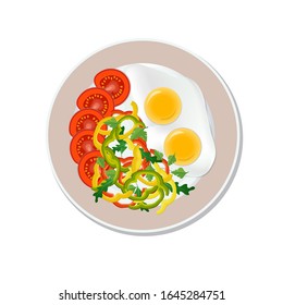 Fried egg, sliced tomato, pepper and herbs on a plate, isolated on a white background. Food ads are used for menus, Internet, and advertising. Healthy diet. Vector illustration