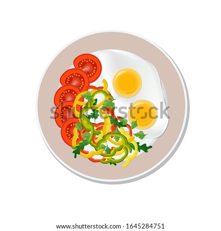 Fried egg, sliced tomato, pepper and herbs on a plate, isolated on a white background. Food ads are used for menus, Internet, and advertising. Healthy diet. Vector illustration