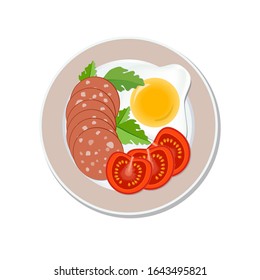 Fried egg, sliced tomato and sausage on a plate, isolated on a white background. Food ads are used for menus, the Internet, advertising. Vector