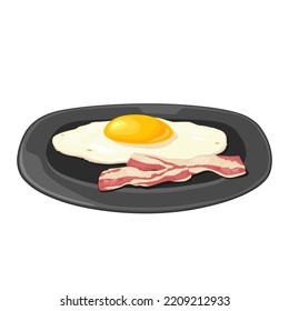 Fried egg with slices of crisp bacon on plate. Vector color illustration for poster, menu, web, banner, icon. Isolated on white background