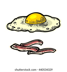 Fried egg and slices of crisp bacon. Isolated on white background. Vector vintage engraving illustration for poster, menu, web, banner, info graphic
