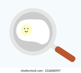 Fried Egg with Smiling Face on Frying Pan. Happy Cooking Concept. Flat Cartoon Style Suitable for Banner, Flyer, Sticker. Vector Illustration Isolated on blue Background.