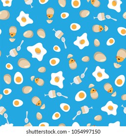 Fried egg, soft boiled egg and chicken hatching from egg shell pattern background. Seamless pattern fried eggs for breakfast on blue background