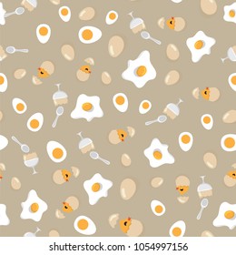 Fried egg, soft boiled egg and chicken hatching from egg shell pattern background. Seamless pattern fried eggs for breakfast on beige background