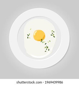 Fried egg with spring onion on white round plate. Overhead view of eggs. Vector illustration isolated on white background. Flat design style for menu, cafe, restaurant, poster, banner, emblem, sticker