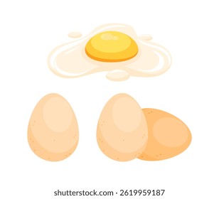 Huevo frito y tres huevos enteros que representan los ingredientes del desayuno