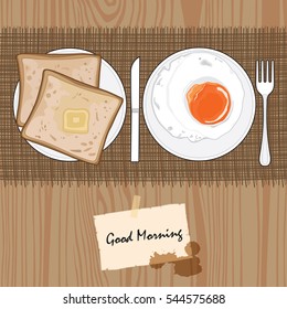 Fried egg, toast on wood background vector