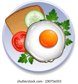 Fried egg, toast and vegetables on the plate