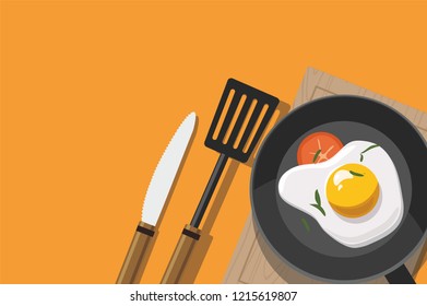 Fried egg and tomato in frying pan isolated on orange background. Vector Illustration