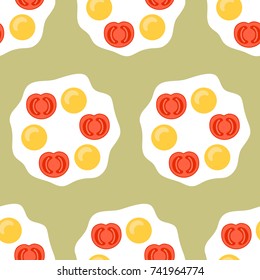Fried egg with tomatoes. Flat colored illustration. Seamless pattern.