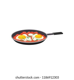 Fried egg with tomatoes in a frying pan, fresh nutritious breakfast food, design element for menu, cafe, restaurant vector Illustration on a white background
