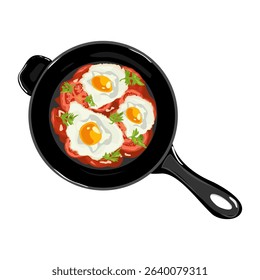 Fried egg with tomatoes and greens ia a fryer pan. Shakshuka. Healthy breakfast concept background
