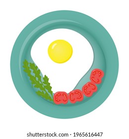Huevo frito con tomates y hojas en el plato. Ilustración vectorial aislada