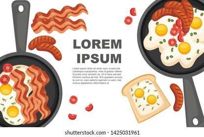 Fried egg with tomatoes and meat in frying pan. Flat vector illustration on white background. Web site page and mobile app design. Place for text, web button