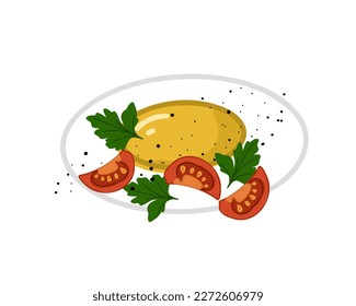 Huevo frito con tomates y perejil aislados en ilustraciones vectoriales blancas