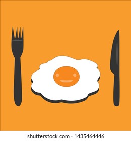 fried egg vector in cartoon style on yellow background with knife and fork you can use to decorative menu, printing, web or many concept
