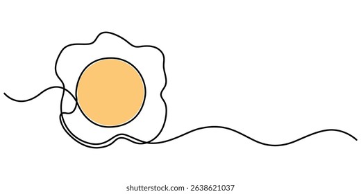 Fried egg vector one line continuous drawing illustration. Hand drawn linear silhouette icon. Minimal design element for print, banner, greeting card, brochure, menu, logo. Food, snack, meal. 